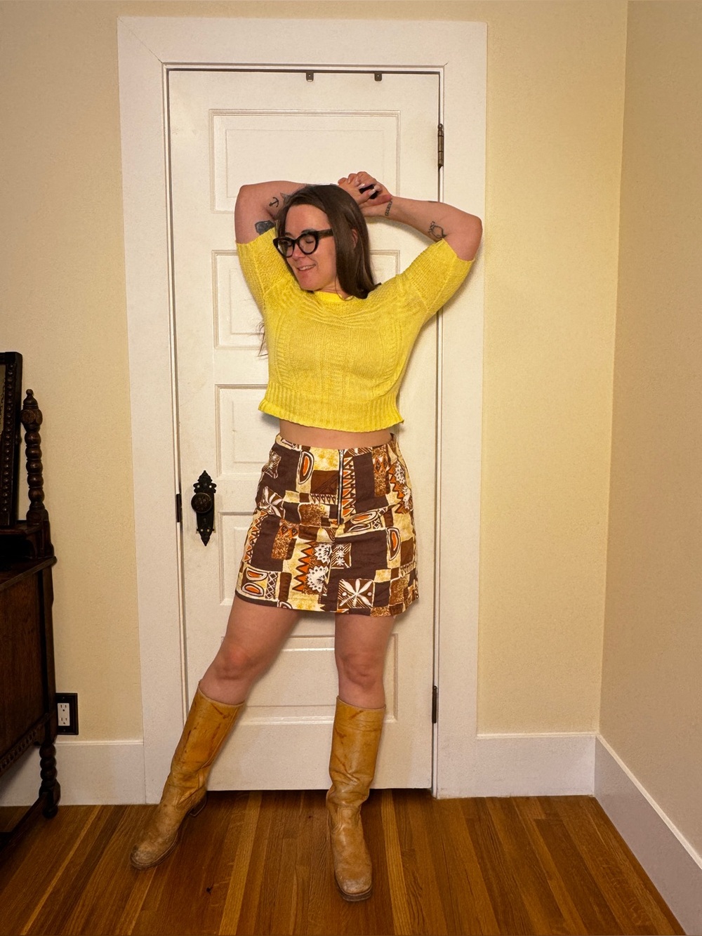 70s Vintage Hawaiian Barkcloth Geometric Skirt Sz L
